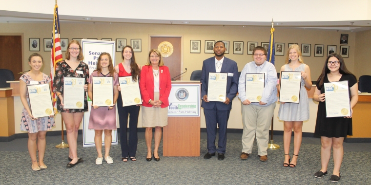 Senator Pam Helming stands with eight Wayne-Finger Lakes region high school students who received New York State Senate Youth Leadership Recognition Awards during a ceremony at the Macedon Town Hall on Friday, June 1. From left are Natalie Acquista, of Newark; Shealyn Shattuck, of North-Rose Wolcott; Aubrey O’Brien, of Waterloo; Ashley Ross, of Waterloo; Senator Pam Helming; Rolando Huertas II, of Geneva; Douglas Bates, of Waterloo; Payton Clingerman, of Waterloo; and Mary Nila, of Auburn, who accepted the award on behalf of her sister, Jenna.