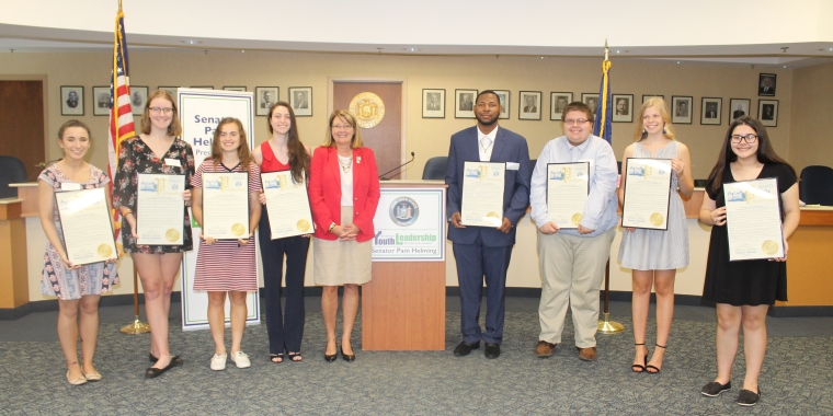 Senator Pam Helming stands with Wayne-Finger Lakes region high school students who received New York State Senate Youth Leadership Recognition Awards during a ceremony at the Macedon Town Hall in June 2018.