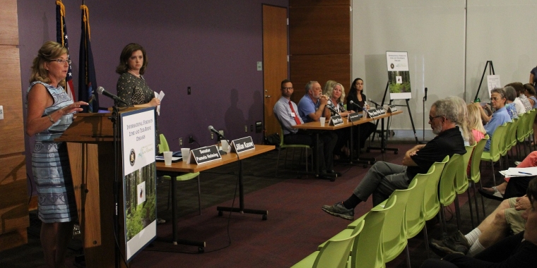Senator Pam Helming delivers opening remarks during the Informational Forum on Lyme and Tick-Borne Diseases Tuesday, Sept. 26 at Finger Lakes Community College in Canandaigua. 8847 - Senator Pam Helming asks a question submitted by an audience member to a panel of professionals during the Informational Forum on Lyme and Tick Borne Diseases Tuesday, Sept. 26 at Finger Lakes Community College in Canandaigua.