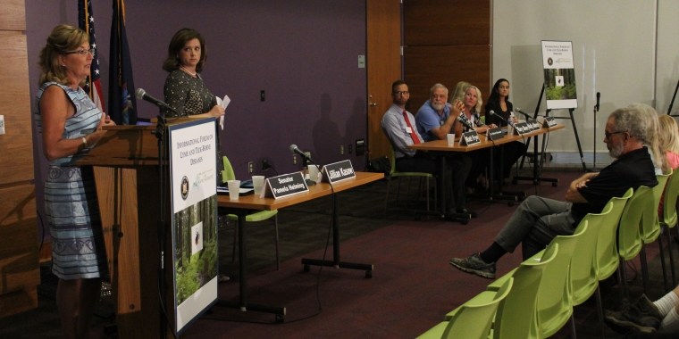 Senator Pam Helming poses a question to the experts who made up the panel at her Informational Forum on Lyme and Tick-Borne Diseases, held in September 2017 at Finger Lakes community College in Hopewell.