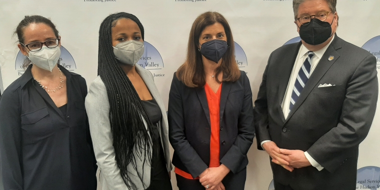 Sen. Harckham with (l-r) Nikki Feit, supervising attorney; Ashley Desir, attorney-in-charge; and Rachel Halperin, CEO of LSHV