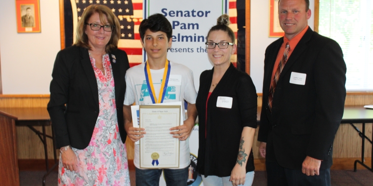 From left: Senator Pam Helming, Newark Middle School seventh-grader Giancarlo Colon, Giancarlo’s mother Darcy Franco, and Newark Village Mayor Jonathan Taylor.