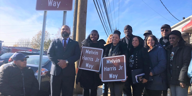 Senator Kevin Thomas, Assemblywoman Taylor Darling, and the Uniondale community gather for the official renaming of Melvin Harris Jr., Way. Community