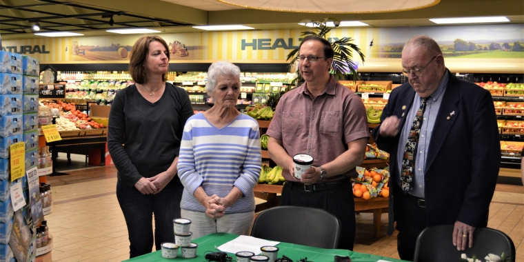 UTICA - At Chanatry's Supermarket in Utica on Monday, June 26, State Senator Joseph Griffo, center, announces the Governor's signing of legislation he sponsored with Assemblyman William Magee, far right, that would allow popular wine ice cream desserts to be produced in containers smaller than a pint, such as those produced by Mercer's Dairy in Boonville. To Senator Griffo's left, Mercer's owners Roxaina Hurlburt and Ruthie Mignerey join the Senator to show the smaller packages that will now be available.