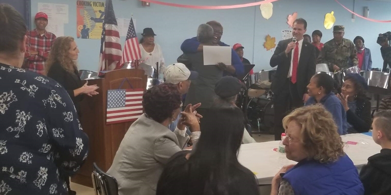 Senator Roxanne J. Persaud thanked the senior veterans of the Millennium Development at an event for Veterans Day at the Abe Stark Neighborhood Center in Canarsie, Brooklyn on Monday, Nov. 12.