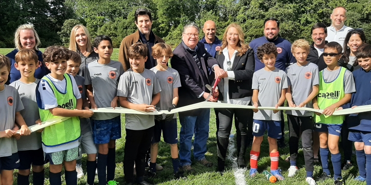 Sen. Pete Harckham with local officials and soccer players at the Town of New Castle’s Amsterdam Park