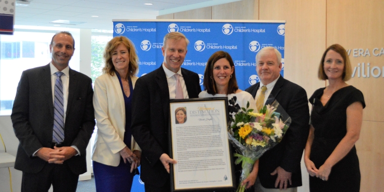 L-R: Hamburg Central Schools Superintendent Michael Cornell, Erie County Legislator Lynne Dixon, State Senator Chris Jacobs, Woman of Distinction recipient Nicole Dayka, Town of Hamburg Director of Youth, Recreation & Senior Services Martin Denecke, Oishei Children’s Hospital President Allegra Jaros.