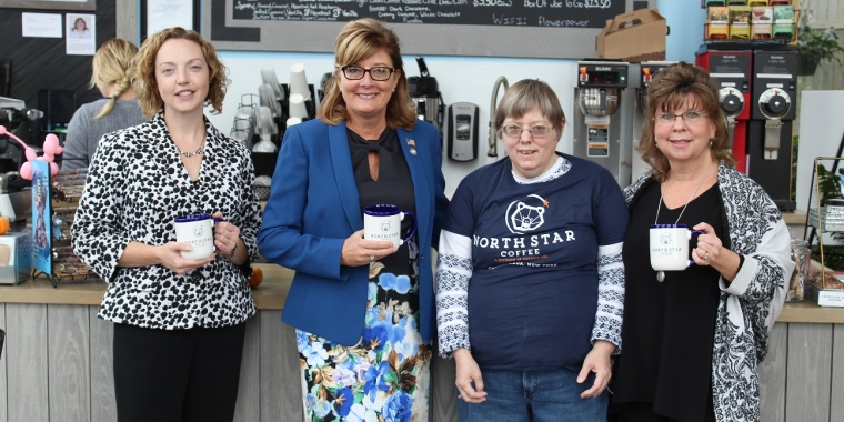 From left to right: Ontario ARC Director of Employment and Meaningful Activities Michelle Jungermann, Senator Pam Helming, North Star Coffee employee Janet DeMay, and Ontario ARC Executive Director Ann Scheetz.