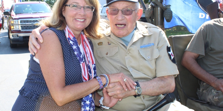 Senator Pam Helming greets Korean War veteran and longtime veterans advocate Ralph Calabrese during the 4th of July parade in Canandaigua in July 2018.