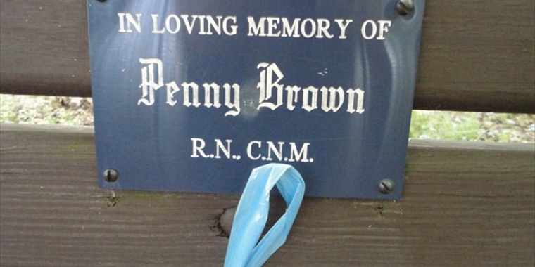 The above marker is affixed to a memorial bench on the Pennsy Tracks walking trail dedicated to Penny Brown.