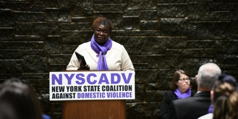On May 14 at the New York State Capitol, Senator Roxanne J. Persaud wore a purple scarf for Domestic Violence Awareness and Prevention Day and received an award from the New York State Coalition Against Domestic Violence for her leadership in passing the Domestic Violence Survivors Justice Act.