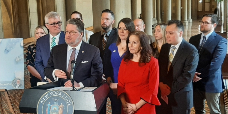 State Sen. Pete Harckham was joined by environmental and governmental advocates at the announcement of his new legislation, the Packaging Reduction and Recycling Infrastructure Act