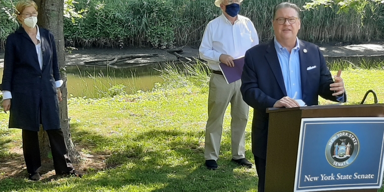 Sen. Harckham speaking, with Margie Ruddick and Sleepy Hollow Mayor Ken Wray