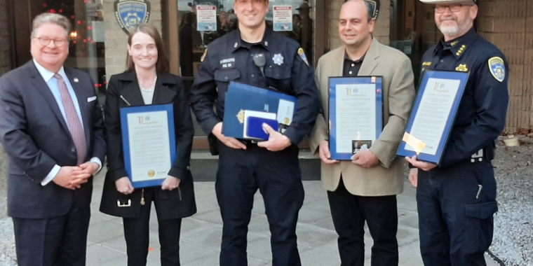 Sen. Harckham with (l-r) retired Lieutenant Sheila Hanley, Deputy William Verrastro, Anthony Catalanotto and Sheriff Robert L. Langley, Jr.