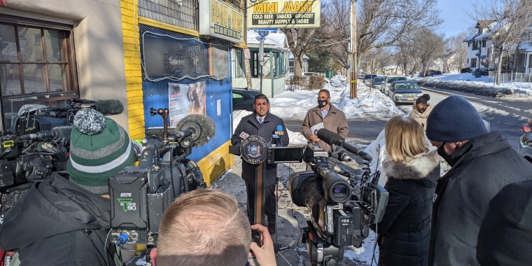 Senator Cooney Addresses Members of the Media at the Site of Rochester's First Homicide in 2022