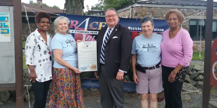 Sen. Harckham with (left to right) Charmaine Aleony, Susan Cody, Judyth Stavans and Nola Blair from the Race Amity of Northern Westchester and Putnam steering committee.