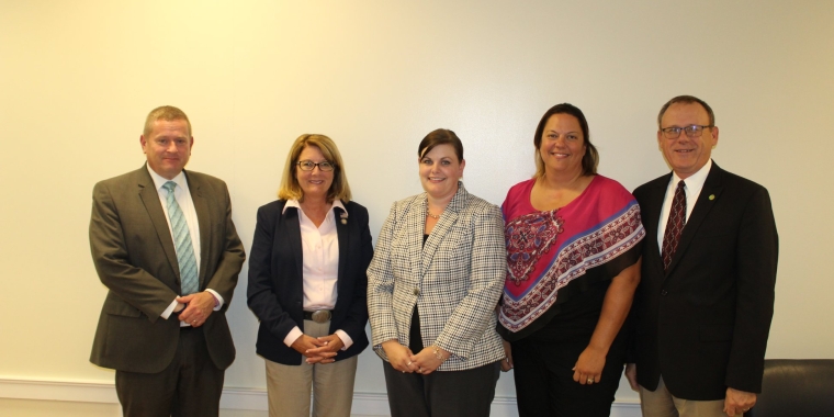 Senator Pam Helming meets with Seneca County Sheriff's Office Chief Deputy Kipp Goodman, Marisa Rubé and Rachel Gregory from Safe Harbors of The Finger Lakes Inc., and Menzo Case from Generations Bank to discuss their efforts to raise funds to build a shelter for domestic violence victims in the Safe Harbors coverage area.