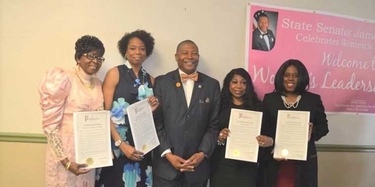 Senator Sanders honored women in the leadership at the event by presenting them with a proclamation recognizing their good work. They were (from left) Merlene Smith-Sotillo, President & CEO of Sickle Cell Awareness Foundation Corp Int'l, First Lady Martha Harley-Lewis of Zion Gospel Church, April Jones, Founder & Executive Director of House-A-Soldier, Inc. and Dr. Deborah Hoyle, Director of Ocean Bay Community Cornerstone (The Child Center of New York).