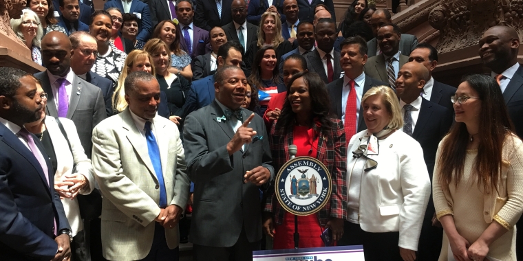 Senator Sanders with other elected officials, speaking at a press conference to call on the state to increase opportunities for MWBEs.