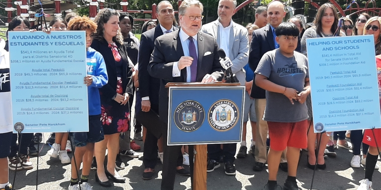 State Sen. Pete Harckham addressing media at the press conference in Ossining