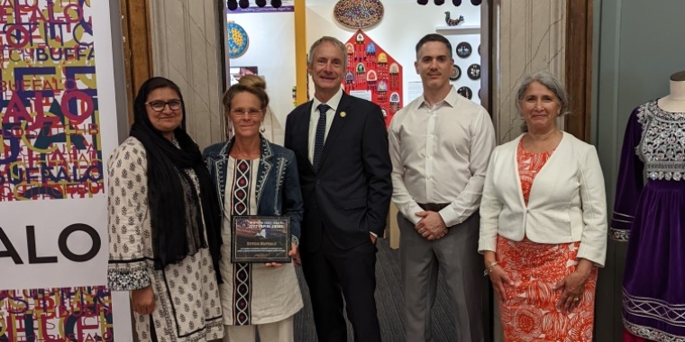 From left: Munawara Sultana (Stitch Buffalo), Dawne Hoeg (Stitch Buffalo), Senator Sean Ryan, Anthony Greco (Buffalo History Museum), Joann Tomasulo (Stitch Buffalo), July 15, 2022