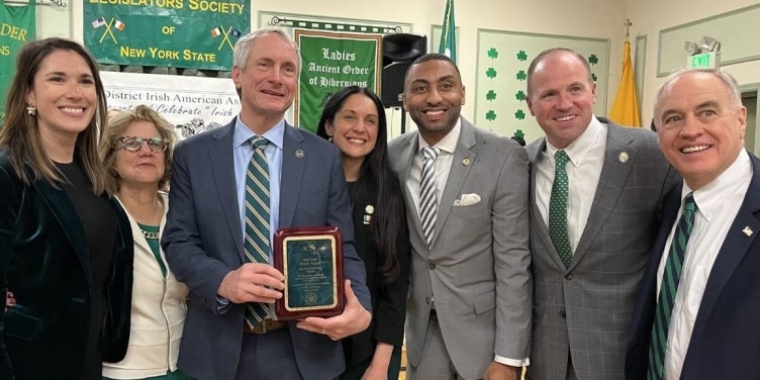 Senator Sean Ryan poses with New York State Senators Michelle Hinchey, Shelley Mayer, Jessica Scarcella-Spanton, Jamaal Bailey, and Tim Kennedy, and Comptroller Tom DiNapoli, March 13, 2023