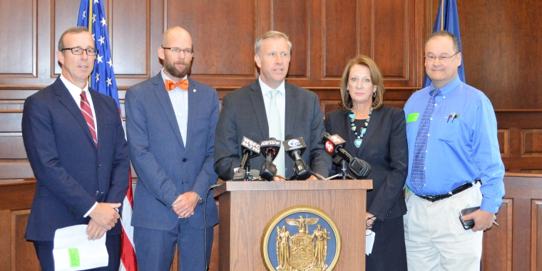 Christopher Fulco, President, St. Joseph's Collegiate Institute; Jeremy Besch, Head of School, The Park School; State Senator Chris Jacobs; Marsha Sullivan, President, Nardin Academy; Dr. Stuart Chen, Interim Head of School, Christian Central Academy.