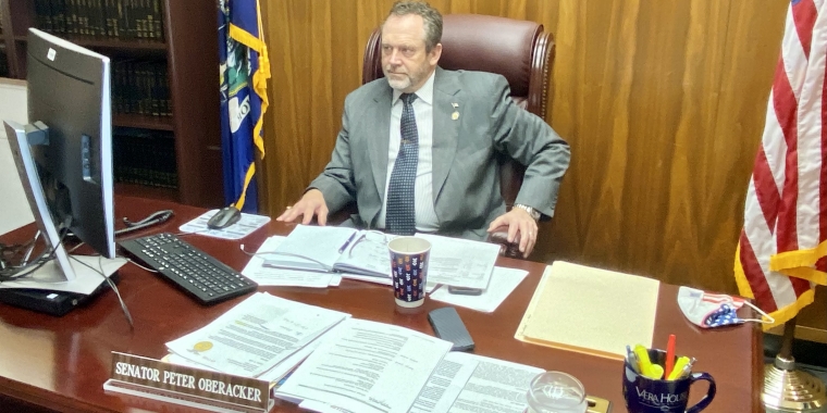 Senator Peter Oberacker takes part in a virtual meeting of the Senate Education Committee from his Albany office.