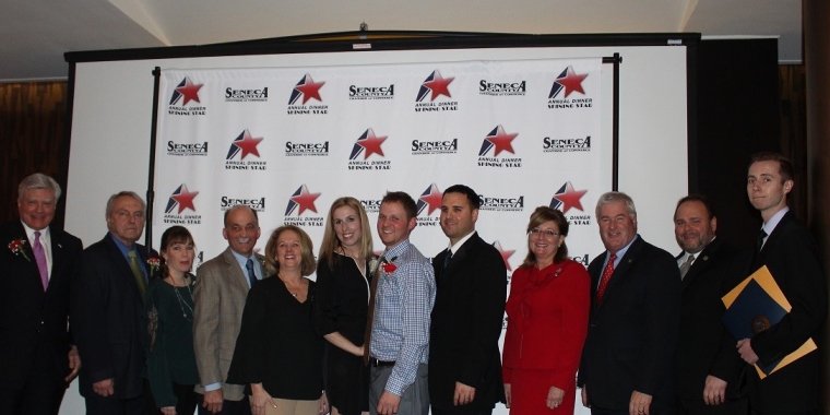 From left: Lifetime Achievement Award winner and former Senator Mike Nozzolio; Citizen of the Year Award winner Dennis Money; Rising Star Award winner Brandi Rozelle; Tom and Nancy Murray and Mary and Blane Murray, all of Muranda Cheese Company, the Business of the Year Award winner; Seneca County Chamber of Commerce President and CEO Jeff Shipley; Senator Pam Helming; Assemblyman Brian Kolb; Assemblyman Phil Palmesano; and Andrew Wilber, a representative of Representative Tom Reed.