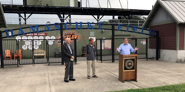 Senator James Seward announces a $1 million state grant to help fund major renovations and improvements at historic Damaschke Field. From left, Oneonta City Mayor Gary Herzig, Oneonta Outlaws owner Gary Laing, Senator Seward.