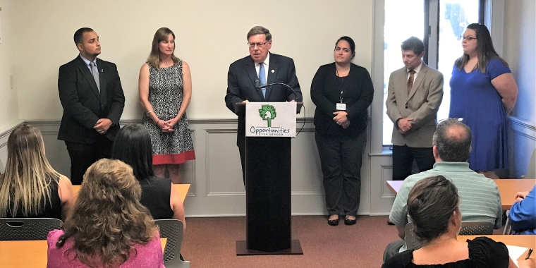 Senator James L. Seward joins officials from local domestic violence prevention programs to announce state grants totaling $45,000 to help support key community services. From left, Opportunities for Otsego Crisis Intervention Director Will Rivera, Catholic Charities of Delaware, Otsego & Schoharie Counties Executive Director Lynn Glueckert, Senator Seward, Delaware Opportunities Executive Director Shelly Bartow, Opportunities for Otsego CEO Dan Maskin, Liberty Resources Help Restore Hope Center Senior Advocate Jennifer Price.