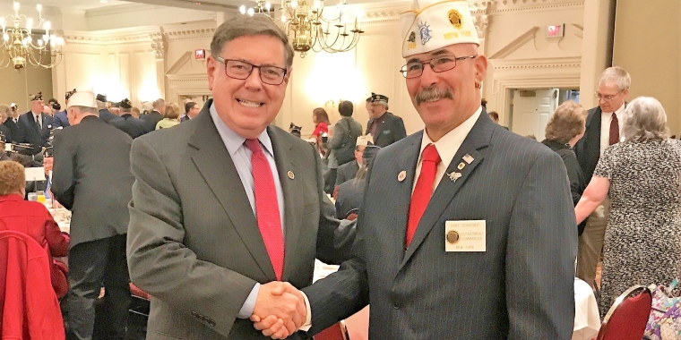 Senator James L. Seward welcomes New York State American Legion Commander Gary Schacher to Albany during the American Legion Department of New York annual legislative day. Commander Schacher (Cobleskill) is also a member of the New York State Senate Veterans’ Hall of Fame, inducted in 2017 after being nominated by Senator Seward.