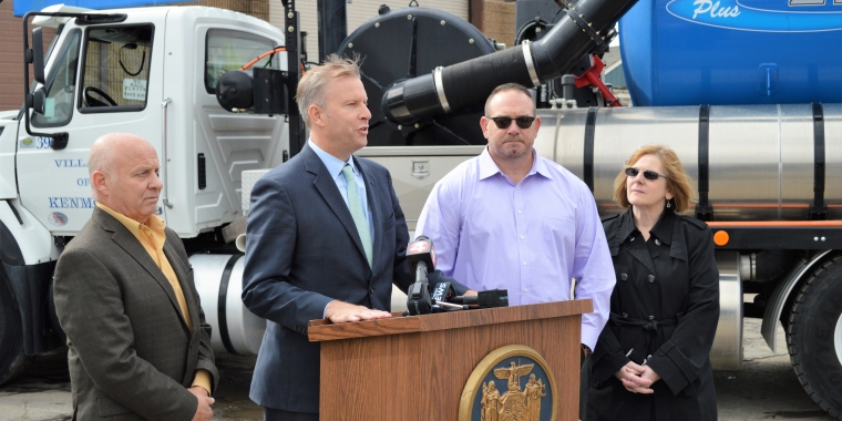 Pictured announcing $300,000 that State Senator Chris Jacobs secured to support improvements to the Village of Kenmore’s sewer system are L-R – Kenmore Mayor Patrick Mang, Senator Jacobs, Superintendent of Public Works David Root and Clerk-Treasurer Kathleen Johnson.