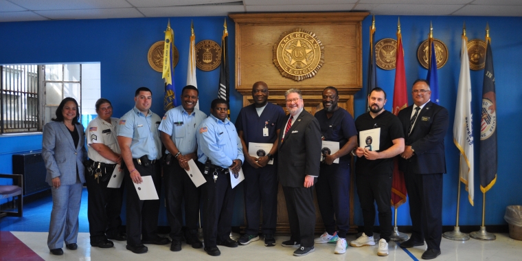 State Sen. Harckham with (l-r) 1st Deputy Superintendent Marlyn Kopp; Sergeant Beth Ann Bonanno; Corrections Officers Vito Marsico, Sean Santiago and Rondy London and Sean Santiago; Registered Nurse Avwurhi Akarumeh; Licensed Practical Nurse Justin Louissant, Jr.; Registered Nurse Volodymyr Glukhan; and Superintendent Michael Capra