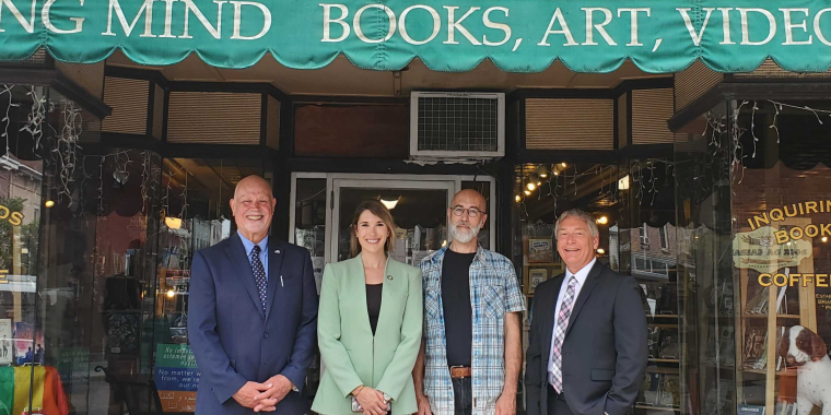 Pictured: Ward Todd, President & CEO of the Ulster County Regional Chamber of Commerce, Senator Michelle Hinchey, Owner of Inquiring Minds Bookstore & Cafe Brian Donoghue, and Jeff Friedman, President & Executive Director of the Greene County Chamber of Commerce