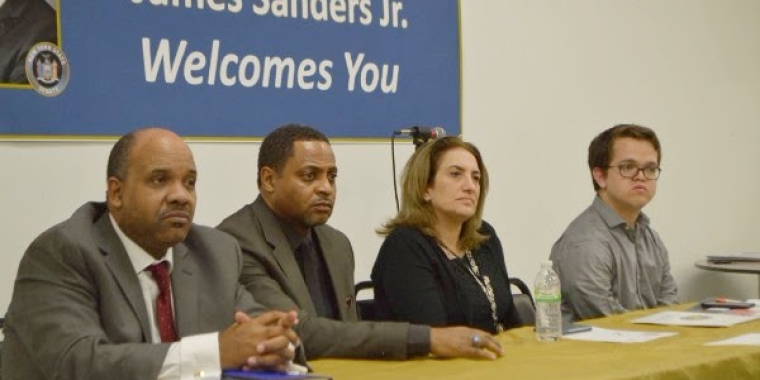 Guest speakers included: Glenn Risbrook, Borough Director - Queens Operations - for the Office of Pupil Transportation, left, Dennis Frink, Outreach Specialist with Child Support Outreach, Jill Post of District 75, Jonathan Novick of the Mayor's Office for People Disabilities.