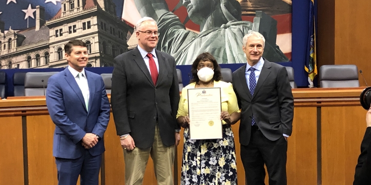 From left to right: Assemblyman Billy Jones, Senator Dan Stec, Jacqueline Madison and Senator Sean Ryan at the 2022 New York State Senate Outstanding Librarian Awards