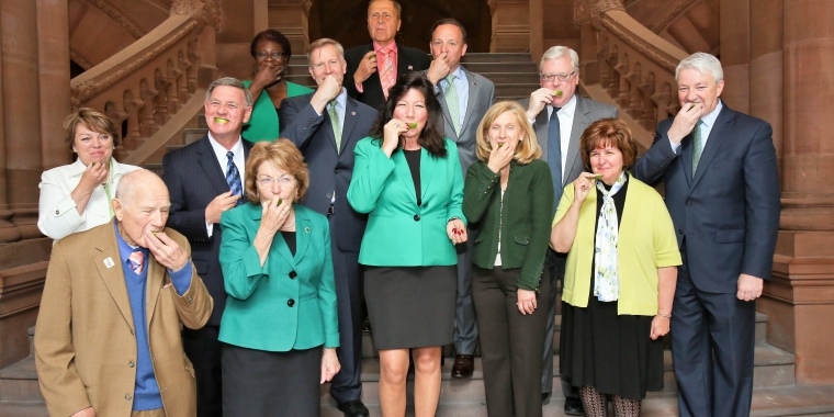 Senator Serino is pictured above ‘taking a bite out of Lyme’ with a bi-partisan group of lawmakers in the Capitol. Photo Credit: Senate Photography