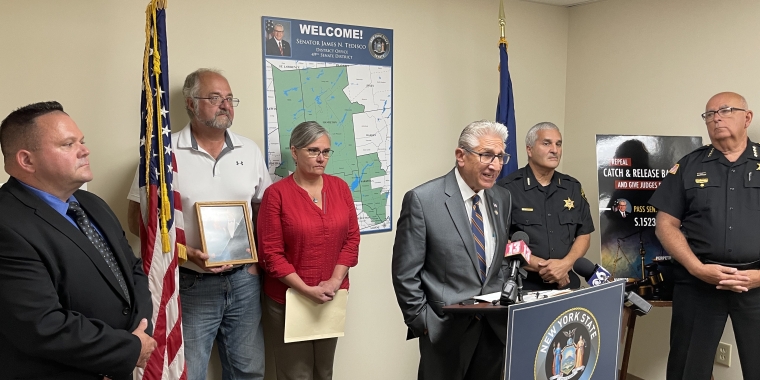 L-R: Gloversville Police Chief Tony Clay, Jan Patrick, Tammy Patrick, Senator Jim Tedisco, Fulton County Sheriff Richard Giardino and Saratoga County Sheriff Michael Zurlo.