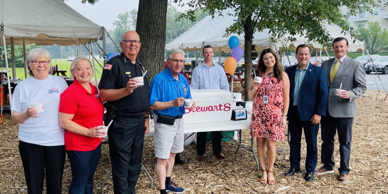 L-R Clifton Park Council Members Lynda Walowit and Amy Flood, Saratoga County Sheriff Michael Zurlo, Senator Jim Tedisco, Jennifer Frame from Stewart's Shops, Saratoga County Clerk and Hayner's Ice Cream Hall of Fame in Halfmoon Owner Craig Hayner, and Clifton Park Supervisor Phil Barrett.