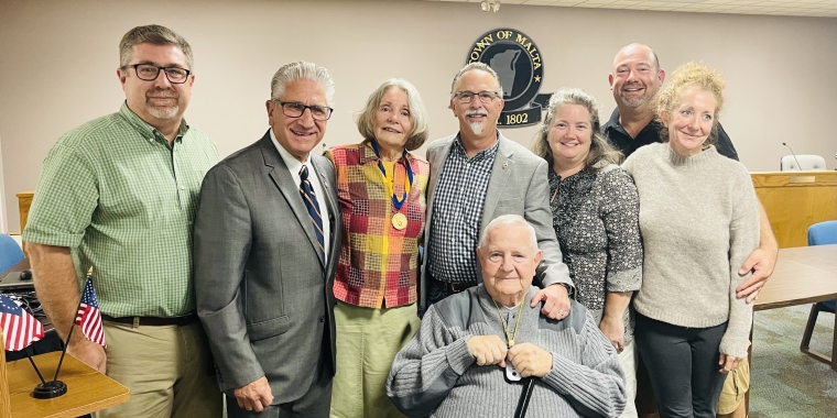 Pictured are Senator Tedisco, Helene Wallingford, David Wallingford, Malta Town Supervisor Mark Hammond, and the Wallingford’s children David Jr., Karen, Brian and Janene.