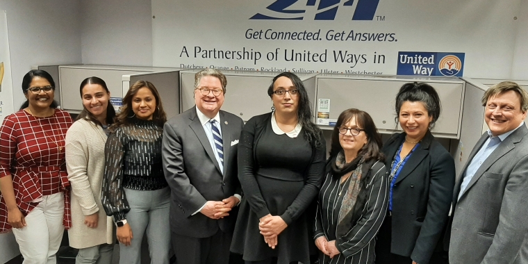 Sen. Harckham with community resource specialists and Tom Gabriel (far right) from United Way of Westchester and Putnam at the 2-1-1 Helpline Center in White Plains