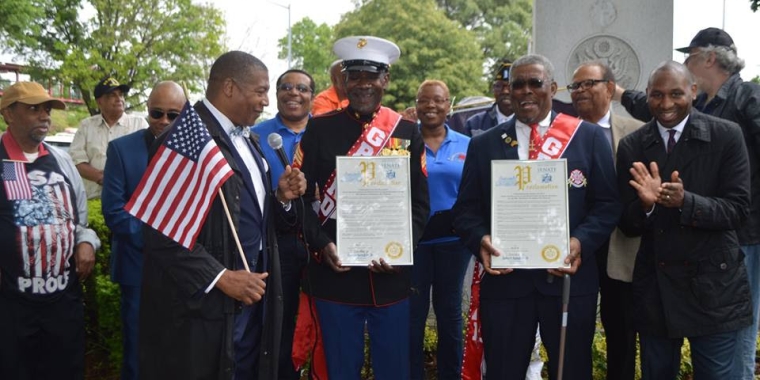 Senator Sanders presented proclamations to the two grant marshals at the Rosedale Memorial Day Parade - Sgt. Lee Blackmon, left, and Sam Elliott.