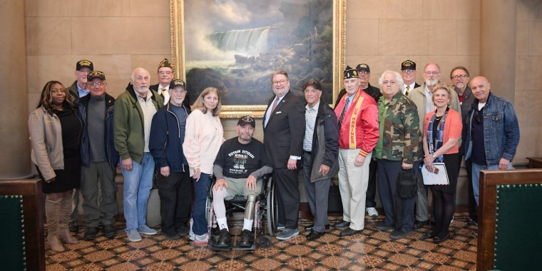 Sen. Pete Harckham with Sen. Shelley Mayer and Vietnam War veterans who visited the State Capitol