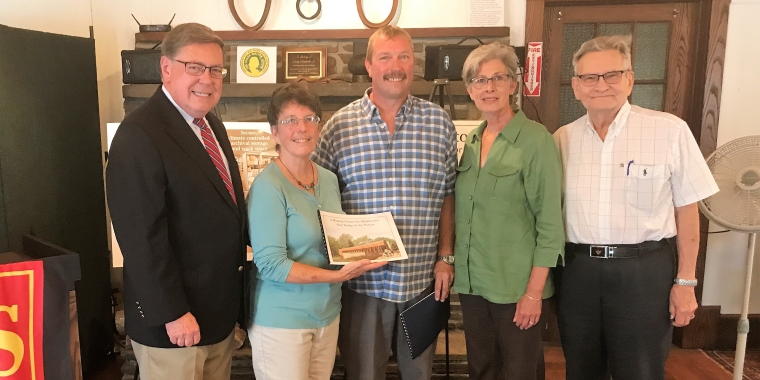 Senator James L. Seward announces a $50,000 state grant to help fund development of the Middletown History Center. From left, Senator Seward, Historical Society of the Town of Middletown (HSM) President Diane Galusha, Town of Middletown Supervisor Patrick Davis, Village of Margaretville Mayor Diana Cope, Village of Fleischmanns Mayor Donald Kearney.