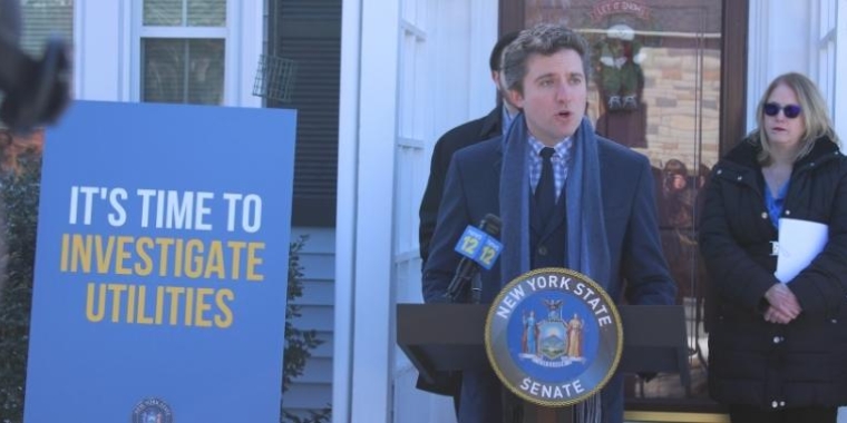 Senator Skoufis, chair of Investigations & Government Operations Committee, announces his probe at a constituent's home in New Windsor, NY.