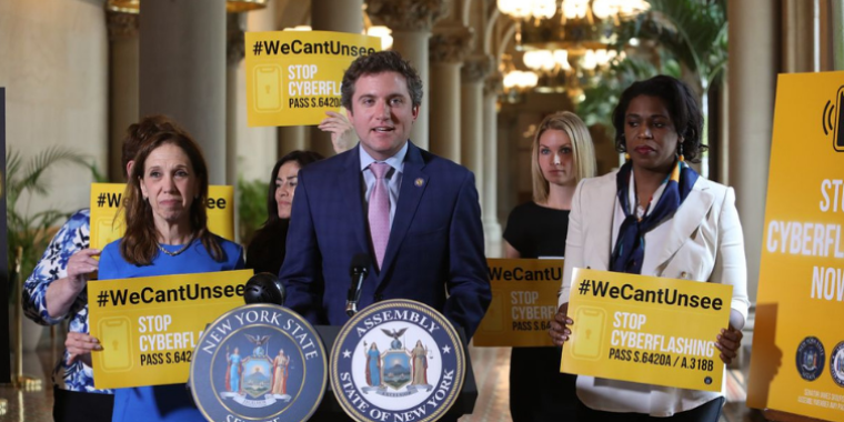 Senator Skoufis gathers with advocates from Bumble, NOW, and NWPC to call for an end to cyberflashing. Photo provided by NYS Senate Media.