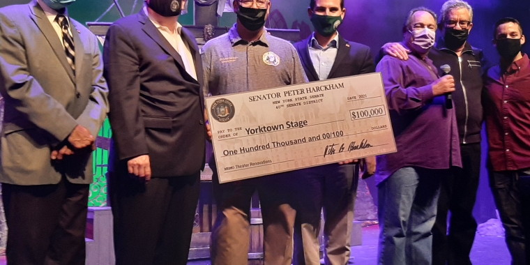 Sen. Harckham with (L-R) Yorktown Council members Vishnu Patel and Ed Lachterman (holding check), Supervisor Matt Slater, Yorktown Stage Producing Director Barry Liebman, Yorktown Arts & Culture Committee member Bruce Apar and Yorktown Stage Artistic Director August Abatecola.