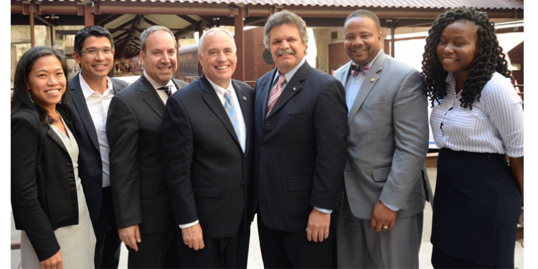 (L-R) NYCEDC President Maria Torres-Springer, New York City Council Member Carlos Menchaca, Brooklyn Chamber of Commerce President & CEO Carlo Scissura, NYS Comptroller Thomas DiNapoli, Assistant Assembly Speaker Felix W. Ortiz, State Senator Jesse Hamilton and UncommonGoods Area Operations Managers Kenesha Phillip
