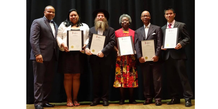Senator Jesse Hamilton with 2016 State of the District Honorees (left to right) Senator Jesse Hamilton, Marcela Mitynes, Rabbi Eli Cohen, Naomi Johnson, Curtis Harris, and Jiang Hua "Jimmy" Li